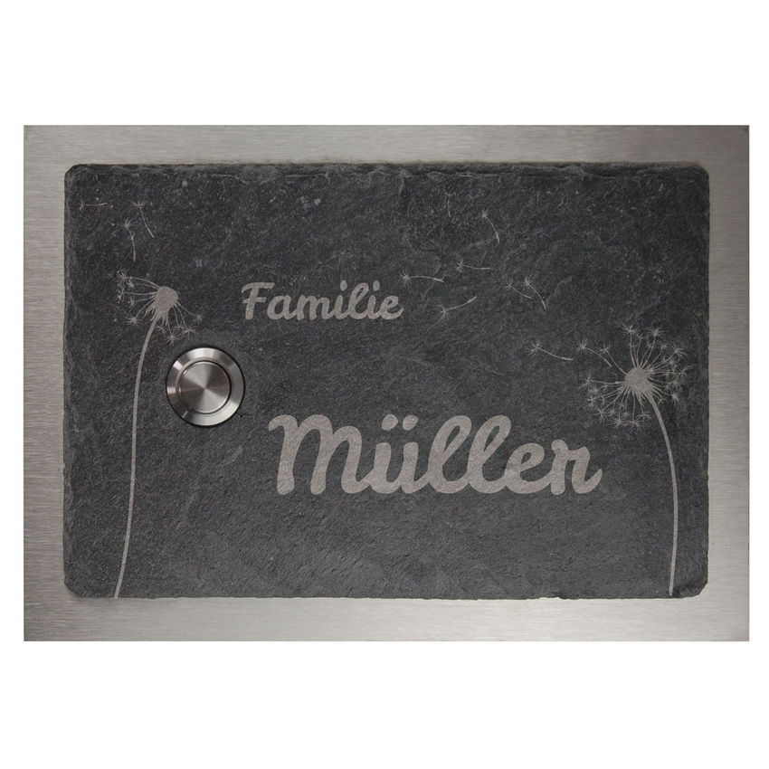 Klingelschild aus Schiefer und Edelstahl 17 x 12 cm - Design Pusteblume