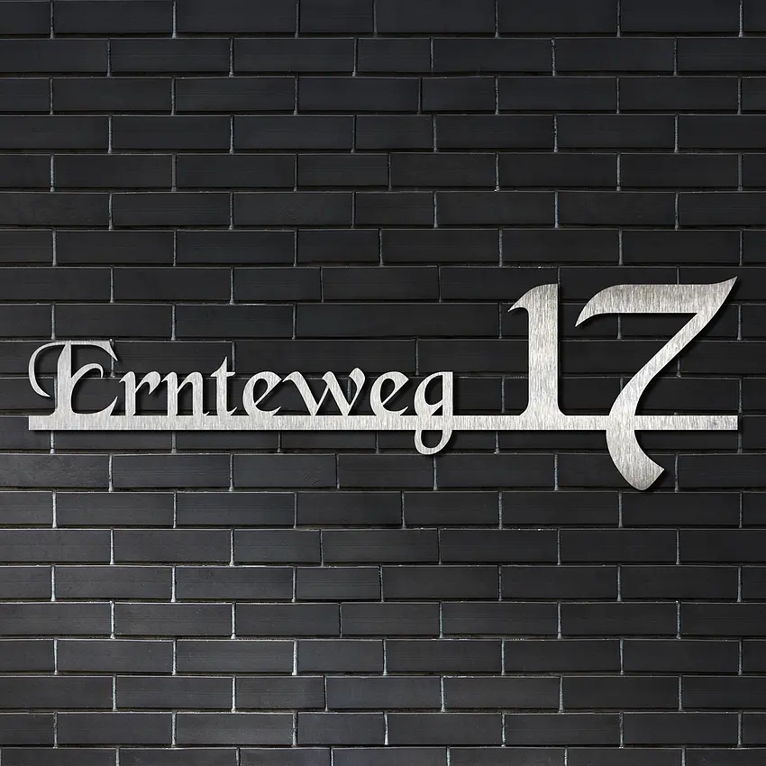 Edelstahl Hausnummer mit Straßenname - Design Calligraphy | 100 cm lang