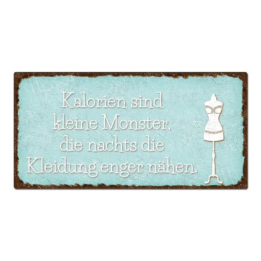 Schild mit Spruch: Kalorien sind kleine Monster 20 x 10 cm türkis