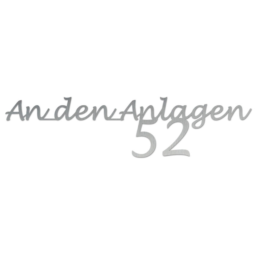 Edelstahl Hausnummer mit Straenname - Design Handwriting - bis 21 Buchstaben