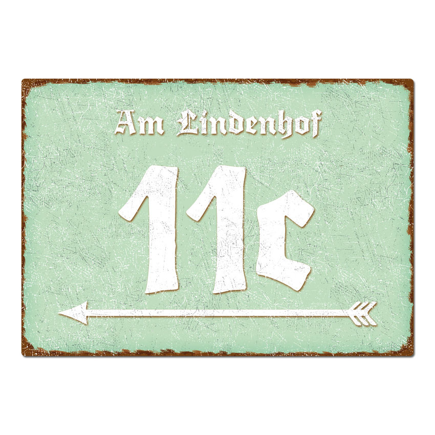 Hausnummer mit Richtungspfeil und Name - Vintage Stil mint