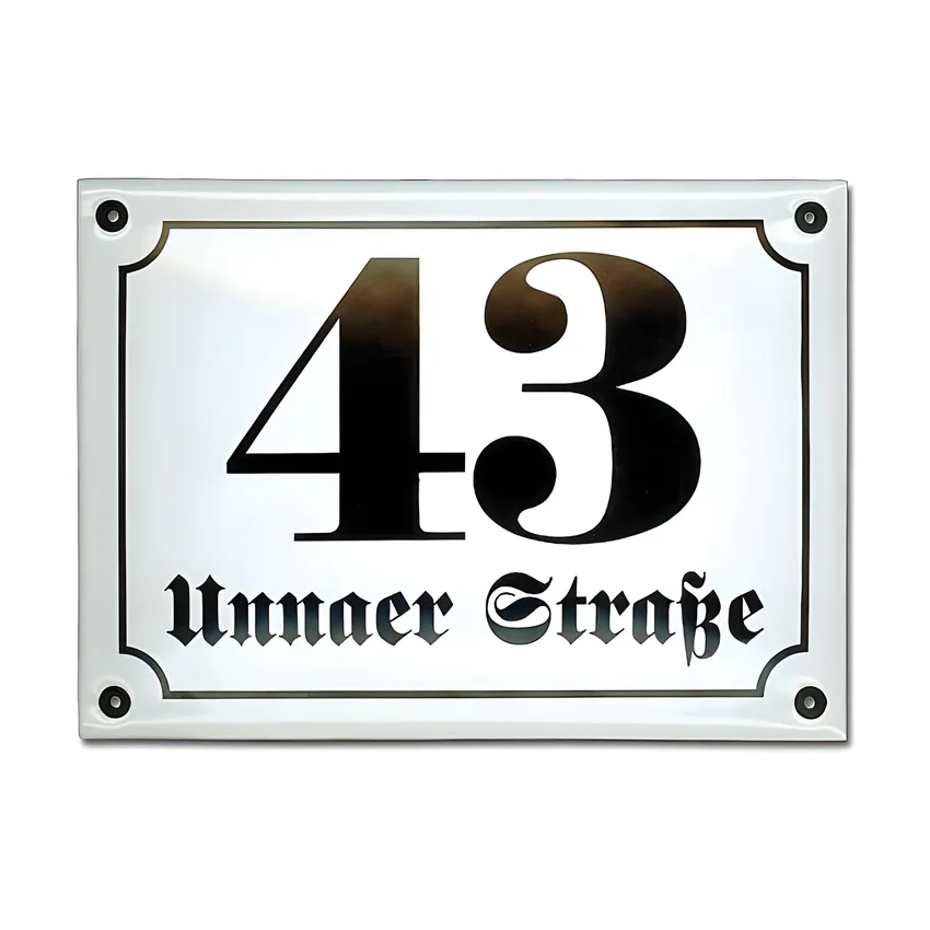 Emaille Hausnummer mit Straßenname 21 x 14,8 cm | weiß/schwarz