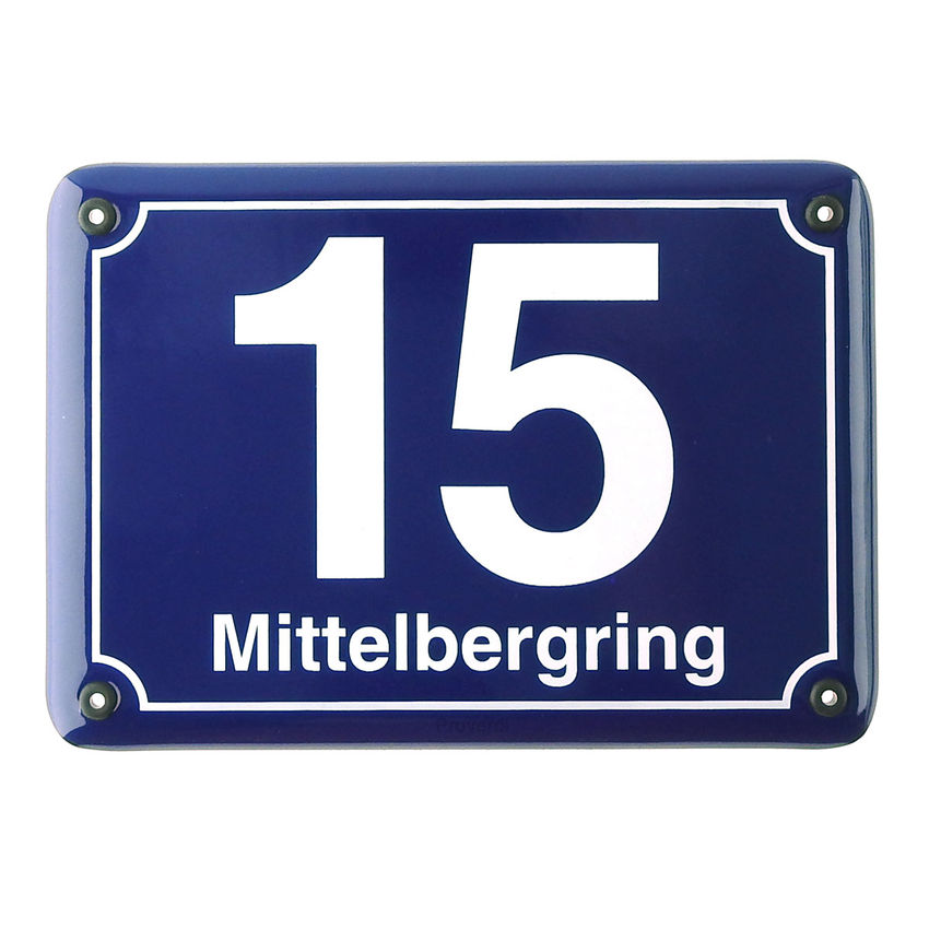 blaue Emaille Hausnummer mit Straenname - 21 x 14,8 cm blau/wei