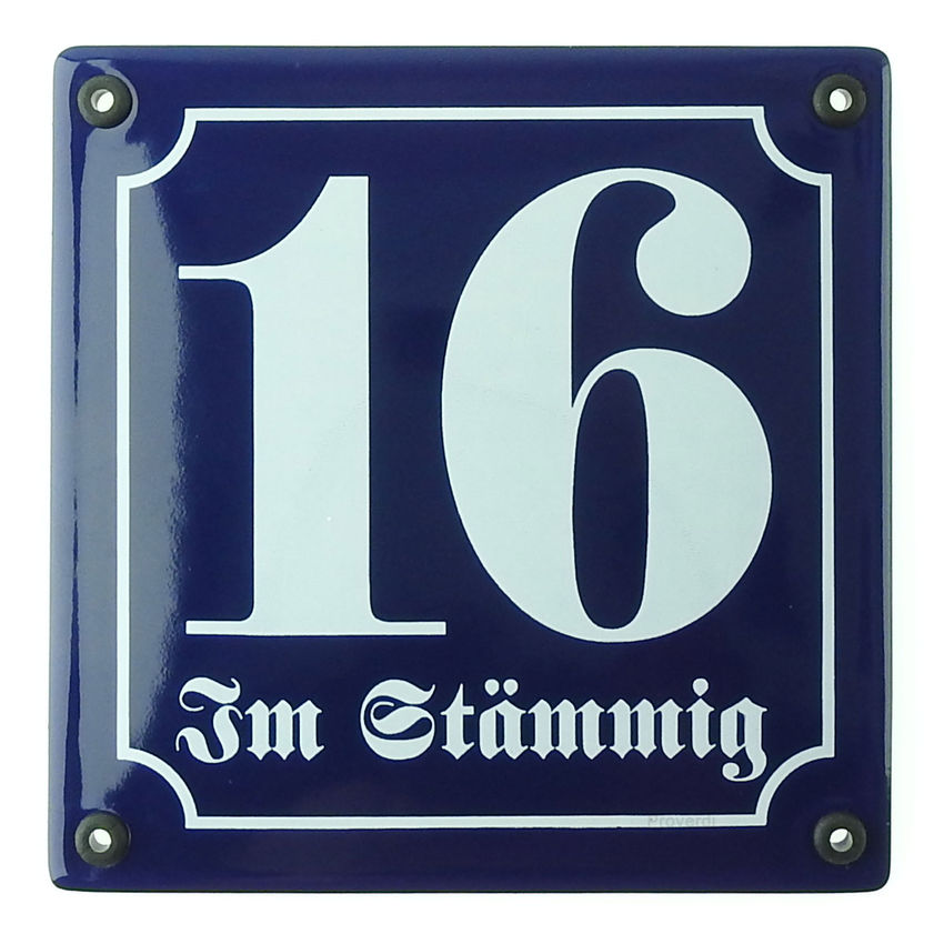 Emaille Hausnummer mit Straenname 14,8x14,8 cm blau/wei