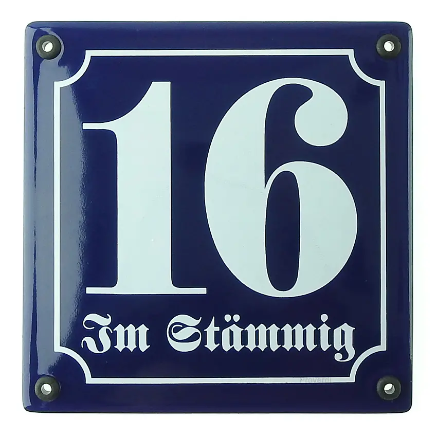 Emaille Hausnummer mit Straßenname 14,8 x 14,8 cm | blau/weiß