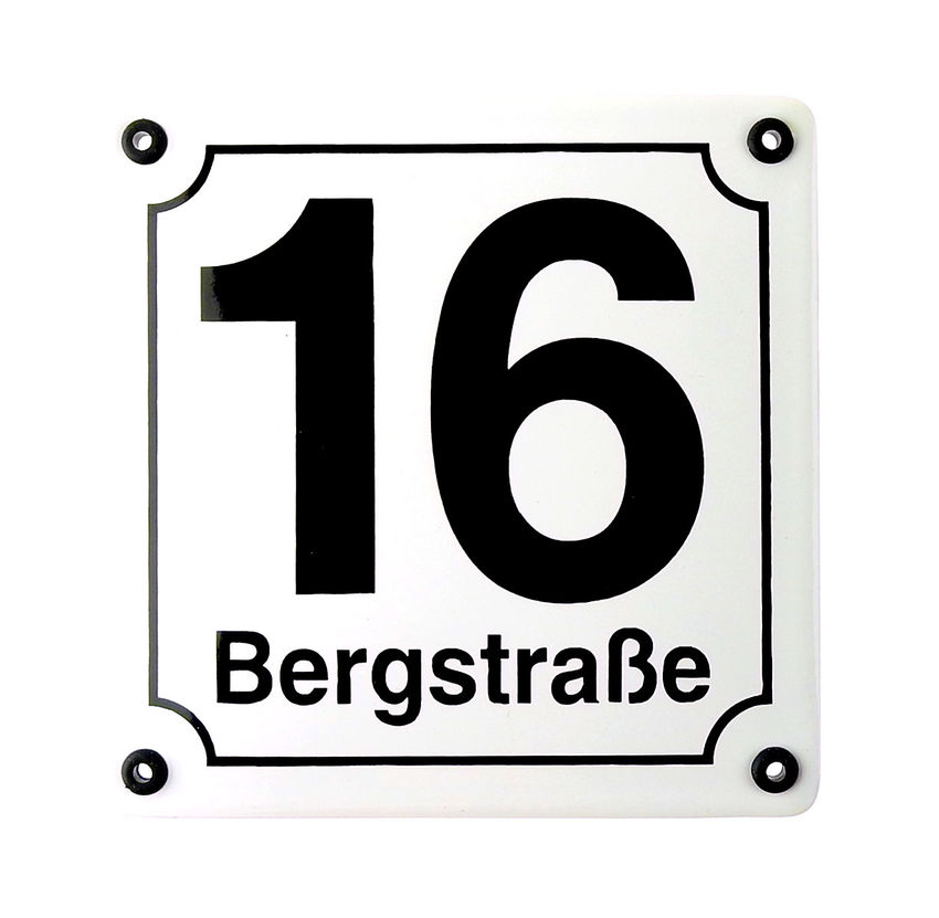 weie Emaille Hausnummer mit Straenname 14,8x14,8 mm wei/schwarz