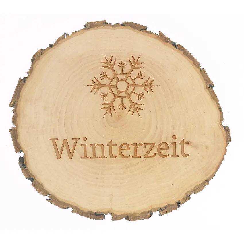 Winterliches Schild aus Holz mit Text und Symbol