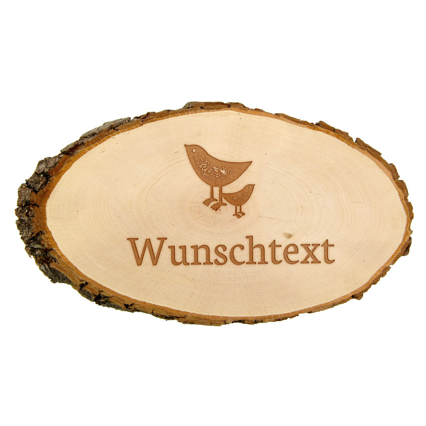 Holzrindenschild oval mit Wunschtext und Symbol - 23 cm - Gravur