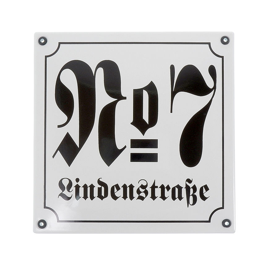 Emaille-Hausnummer mit Straenname 21 x 21 cm wei/schwarz