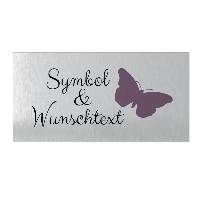 Aluminiumschild mit Wunschtext und Symbol - Größe 300 x 150 mm - silbern/schwarz