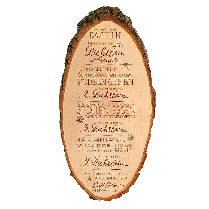 Rindenschild mit weihnachtlicher Gravur "Advent"