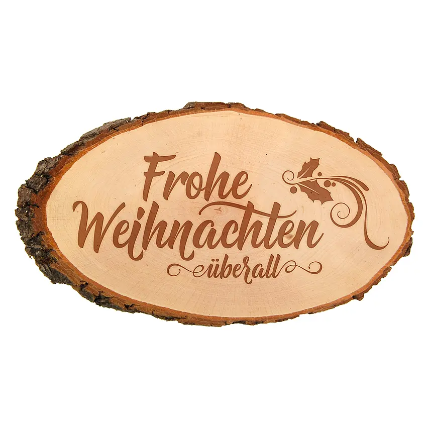 Weihnachtliche Baumscheibe mit Gravur in mehreren Größen "Frohe Weihnachten überall"