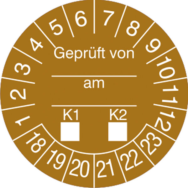Prfplakette - mit Jahresfarbe Geprft von...am...K1-K2