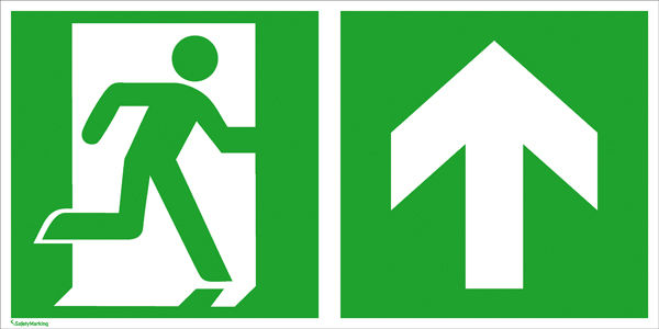 Fluchtweg-Kombischild »Notausgang rechts mit Zusatzzeichen: Richtungsangabe aufwärts bzw. geradeaus«