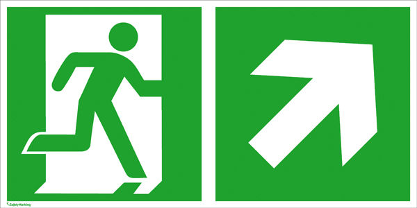Fluchtweg-Kombischild »Notausgang rechts mit Zusatzzeichen: Richtungsangabe rechts aufwärts«