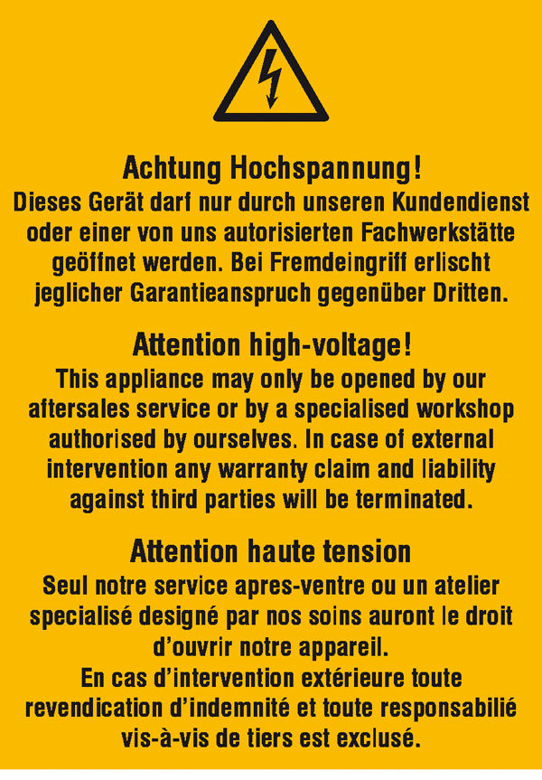Warn-Kombischild Achtung Hochspannung! Dieses Gert darf nur durch unseren Kundendienst?