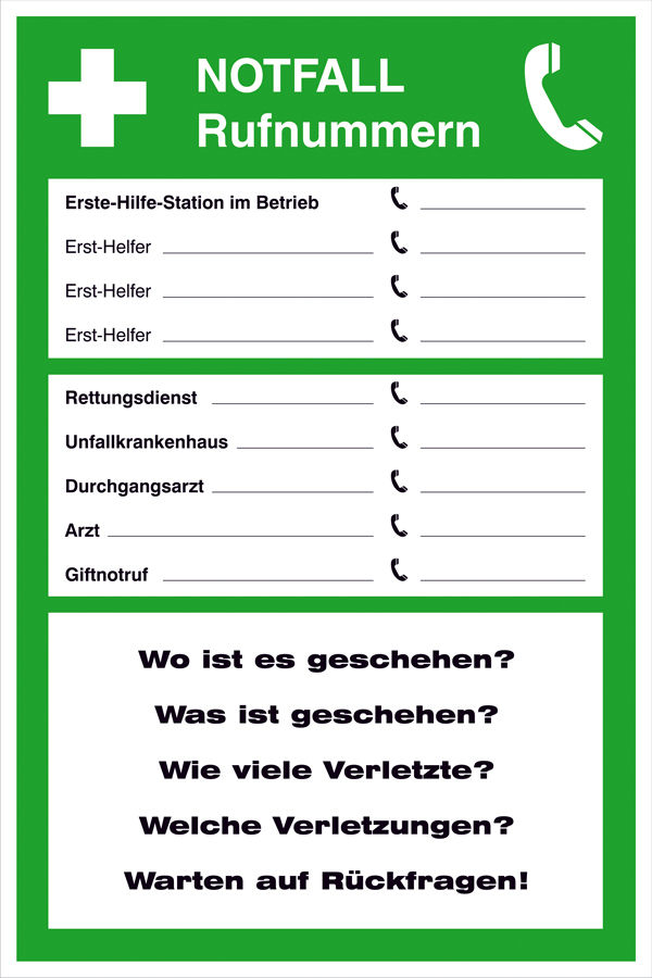 Aushang - Notfall »Notfall Rufnummern«