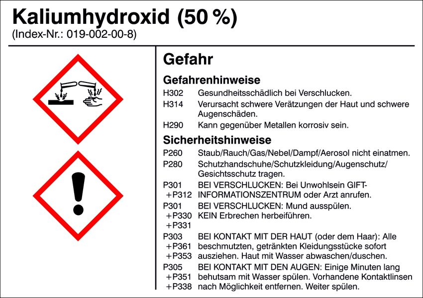 Gefahrstoffetikett G012: Kaliumhydroxid (50%)