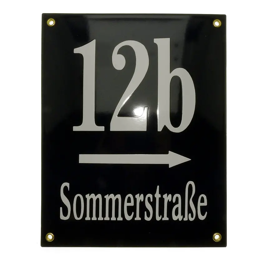 Schwarze Emaille Hausnummer mit Pfeil