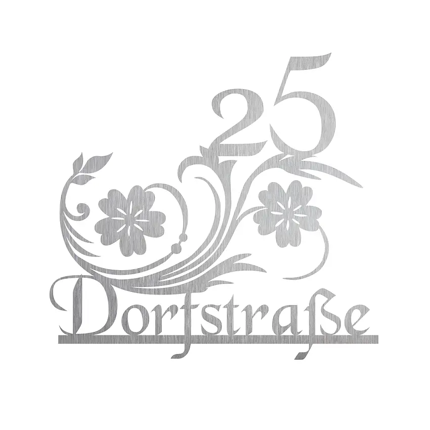 Edelstahlhausnummer mit Straßennamen Design Blumen