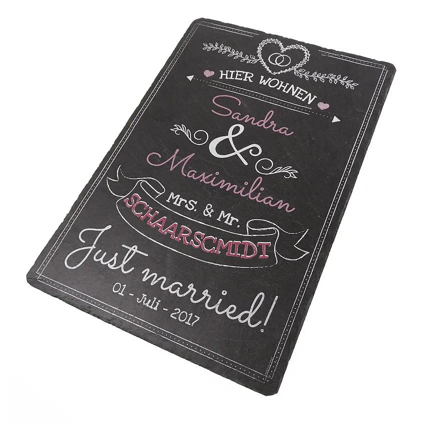 Farbenfrohes Schild zur Hochzeit als Schiefertafel mit Wunschtext rosa