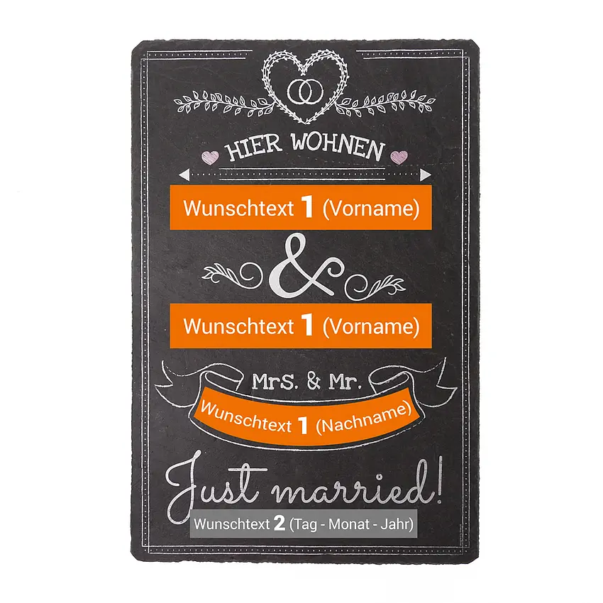 Schieferschild Just married mit Freiflächen für den Wunschtext