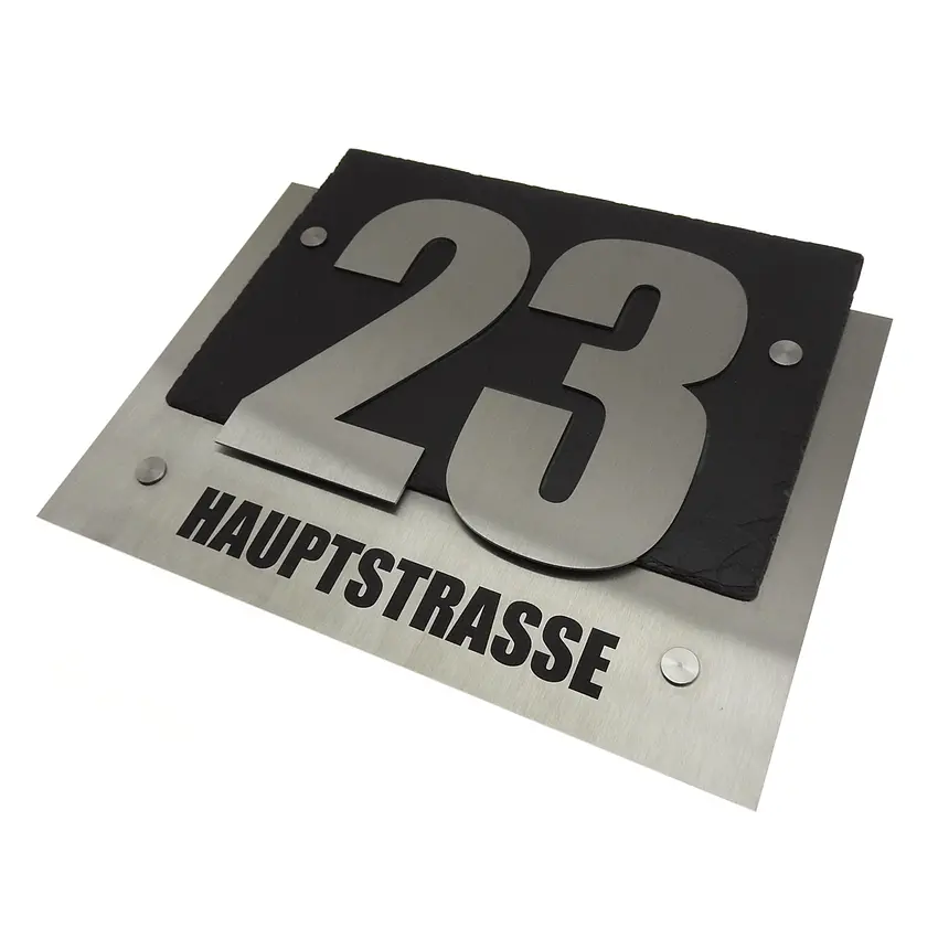 Edle Hausnummer aus Edelstahl und Schiefer mit Straßennamen