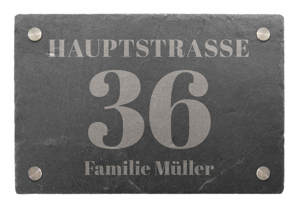 Lasergravur Schiefer Hausnummer-005 Name & Strassenname @IHRE DATEN@ 50 x 30 cm 