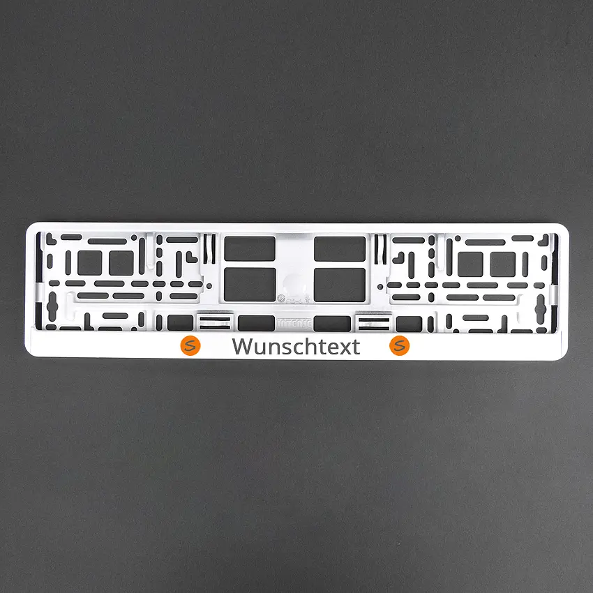 Kennzeichenhalter Klavierlack weiß mit Wunschtext und Logo - Größe 52 cm -  pro Stück - Schilder online kaufen