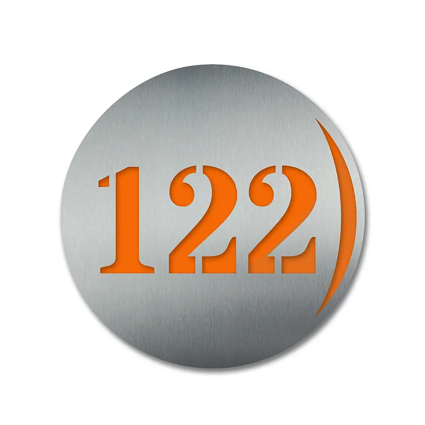 Runde Hausnummer aus Edelstahl - Bogen rechts - dreistellig - Farbe Orange