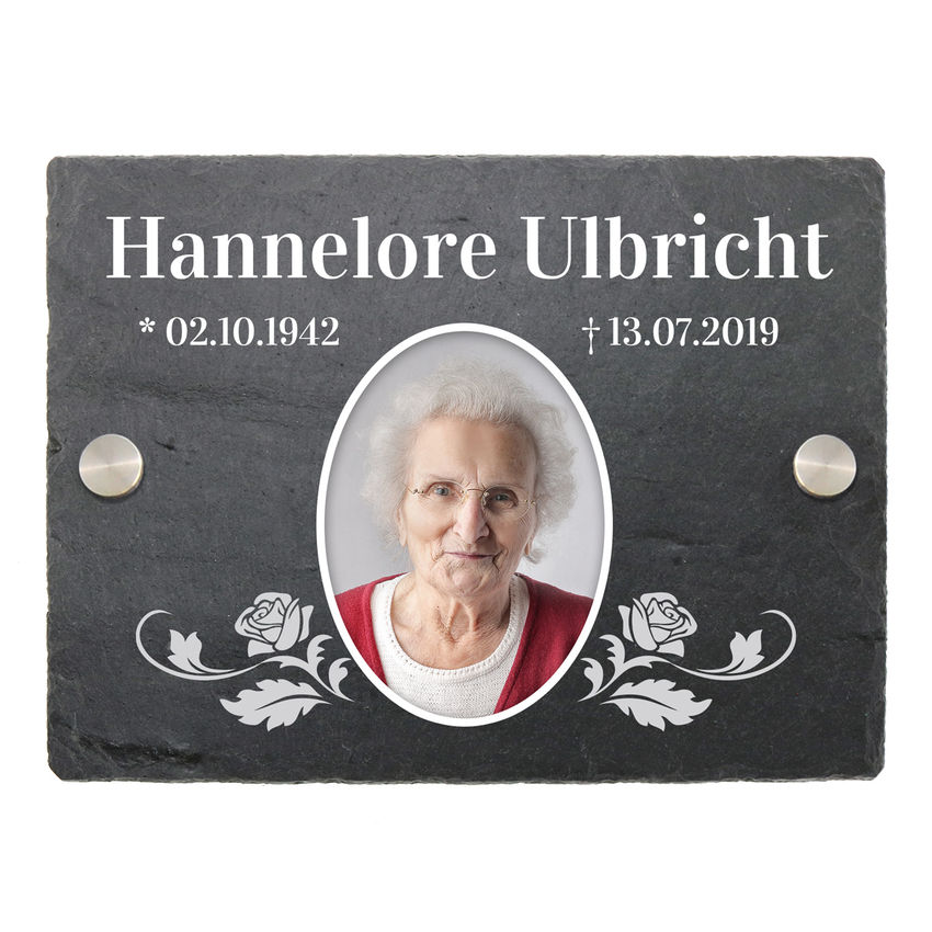 Schieferplatte für Grab mit Namen und Bild Design Ornamente 200 x 150