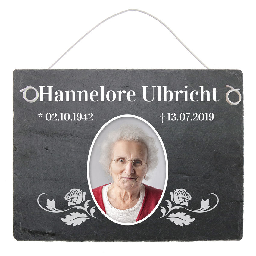Schieferplatte für Grab mit Namen und Bild Design Ornamente 200 x 150