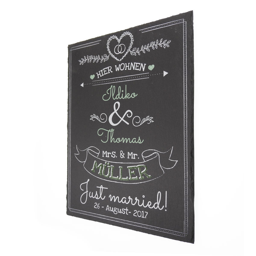 Magnetschild 30 x 7 cm grün Hochzeit Just Married mit Wunschnamen und Datum 