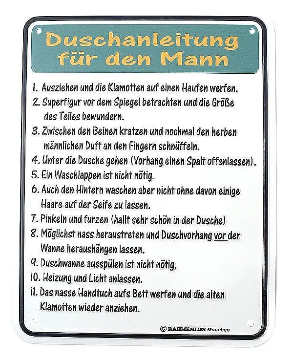 Funschild - Duschanleitung für den Mann - Größe: 17x22 cm