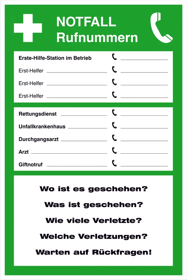 Aushang - Notfall »Notfall Rufnummern« 