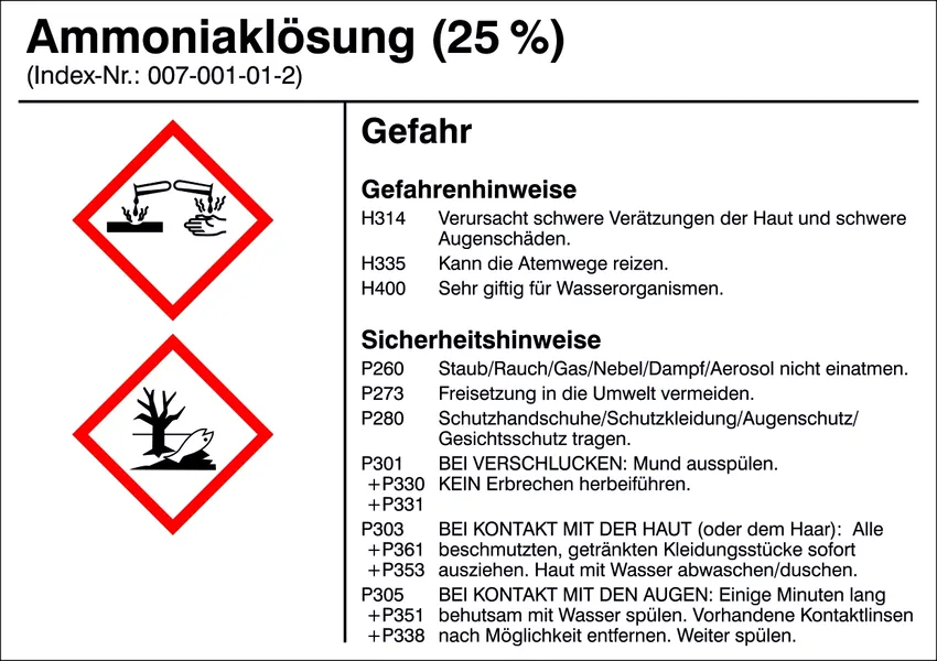 Gefahrstoffetikett »G002: Ammoniaklösung (25%)« 