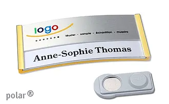 10 Stück Design Namensschilder mit Magnet oder Anstecknadel und Text plus  Logo - Schilder online kaufen