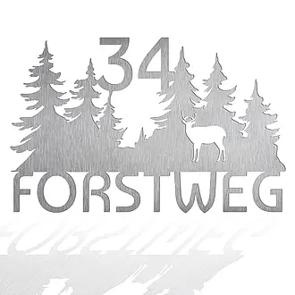 Edelstahlhausnummer mit Wunschtext 50 x 32 cm Design Wald