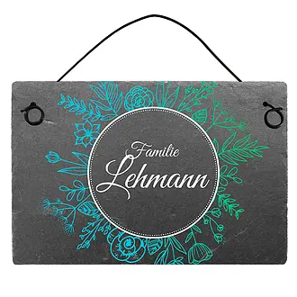 Farbenfrohes Schieferschild mit Blumen und Familiennamen Größe: 15 x 10 cm