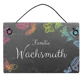 Farbenfrohes Türschild aus Schiefer mit Schmetterlingen und Namen Größe: 15 x 10 cm