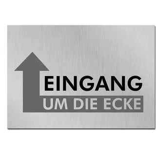 Schild Eingang um die Ecke in silbern