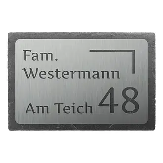 Hausnummer aus Edelstahl mit Familien- und Straßennamen