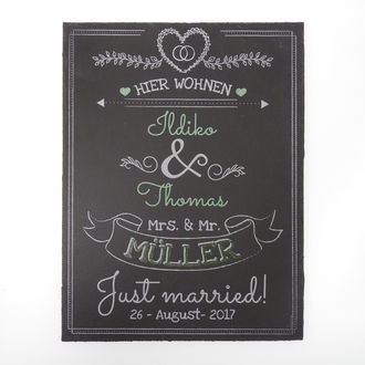 Magnetschild 30 x 7 cm grün Hochzeit Just Married mit Wunschnamen und Datum 