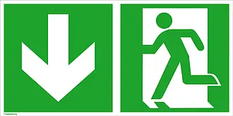 Fluchtweg-Kombischild »Notausgang links mit Zusatzzeichen: Richtungsangabe abwärts« 
