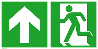 Fluchtweg-Kombischild »Notausgang links mit Zusatzzeichen: Richtungsangabe aufwärts bzw. geradeaus« 