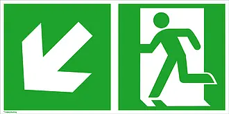 Fluchtweg-Kombischild »Notausgang links mit Zusatzzeichen: Richtungsangabe links abwärts« 