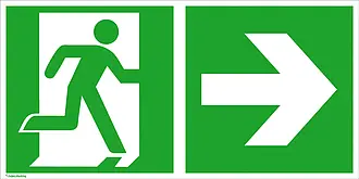 Fluchtweg-Kombischild »Notausgang rechts mit Zusatzzeichen: Richtungsangabe rechts« 