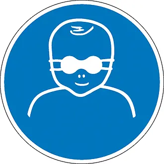 Gebotsschild »Kleinkinder durch weitgehend lichtundurchlässige Augenabschirmung schützen« 
