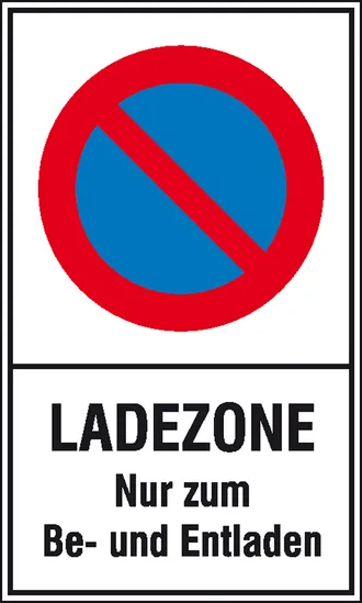 Halteverbotsschild »Symbol: Eingeschränktes Halteverbot, Text: Ladezone Nur zum Be- und Entladen« 