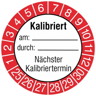 Prüfplakette »Kalibriert am: durch:, Nächster Kalibriertermin« 